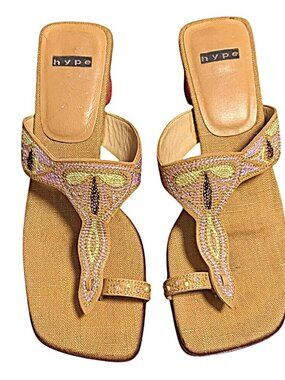 Hype Embroidered Heel‎ Sandals Toe Thong Boho Chunky Block Size 8.5 Slip On